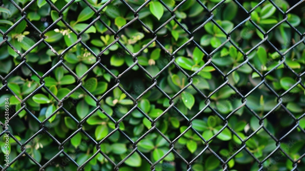 Fototapeta premium Chain-link fence against lush greenery