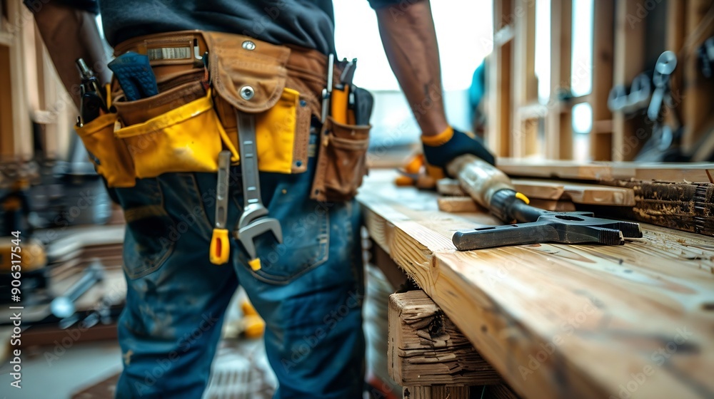 Construction man builder man construct new wooden home tiny house style Spirit level screw tool bag and charged drill Wood shelter style : Generative AI