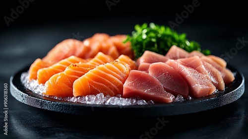 A closeup of a freshly sliced sashimi platter with salmon, tuna, and yellowtail, arranged elegantly on an icefilled, dark slate plate photo