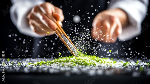 A closeup of a Japanese chef finely grating wasabi on a sharkskin grater, with focus on the vibrant green paste and traditional technique photo