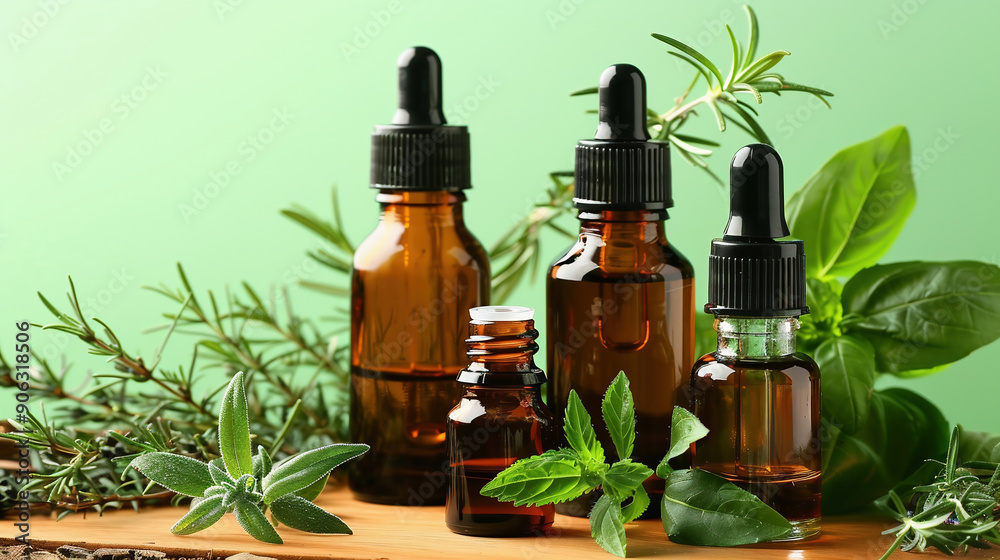 Composition with bottles of essential oil and plant leaves in water on color background Composition with bottles of essential oil and plant leaves in water on color background
