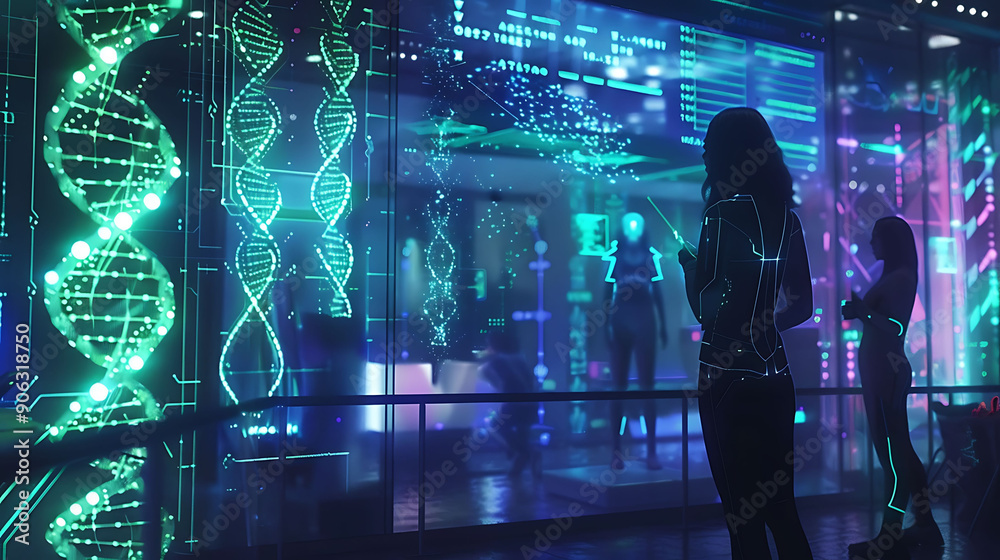 Fototapeta premium Futuristic genetics conference with holographic displays of chromosomes where scientists from around the world share breakthroughs in genetic technology
