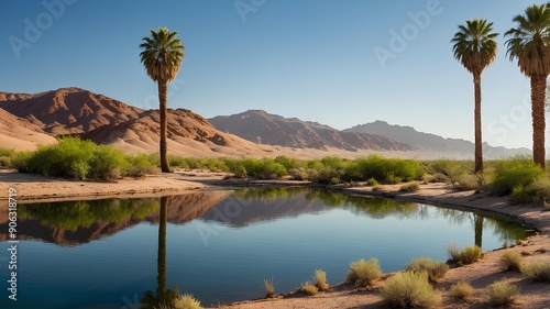 Desert Oasis Landscape. Creating an image of a serene desert oasis, featuring lush greenery, palm trees, and a reflective water body surrounded by the arid desert. Discover the of a desert oasis. photo