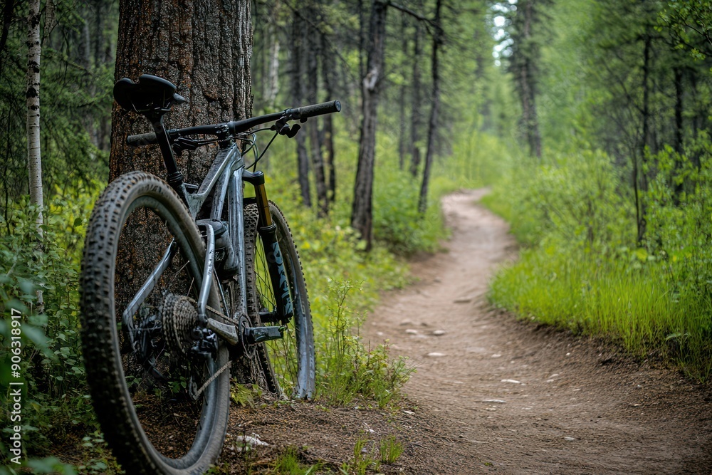 Mountain Bike Leaned Against a Tree on a Forest Trail Mountain Bike Leaned Against a Tree on a Forest Trail