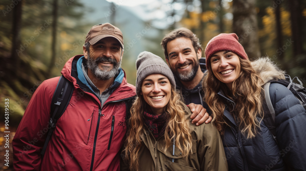 Portrait of a group of tourists against the mountain landscape. This team of friends demonstrates the essence of vacation, teamwork in travel, and friendship as the hikers share the joy of community. Portrait of a group of tourists against the mountain landscape. This team of friends demonstrates the essence of vacation, teamwork in travel, and friendship as the hikers share the joy of community.