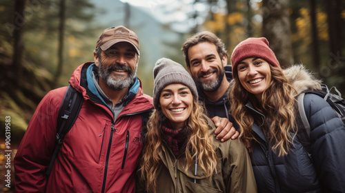 Portrait of a group of tourists against the mountain landscape. This team of friends demonstrates the essence of vacation, teamwork in travel, and friendship as the hikers share the joy of community.