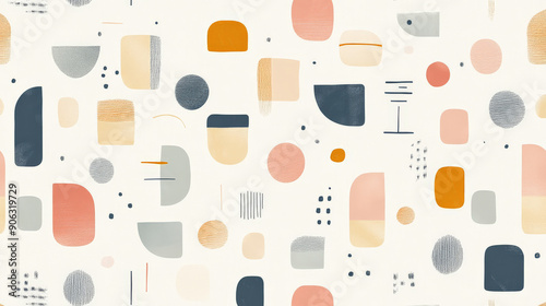 Abstract pattern design in Scandinavian style featuring minimalist geometric shapes in soft pastel colors, creating a calm and serene background.