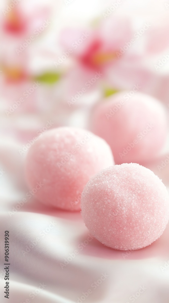 An elegant display of Japanese confectionery wagashi, featuring seasonal motifs, set against a backdrop of silk fabric with subtle floral patterns
