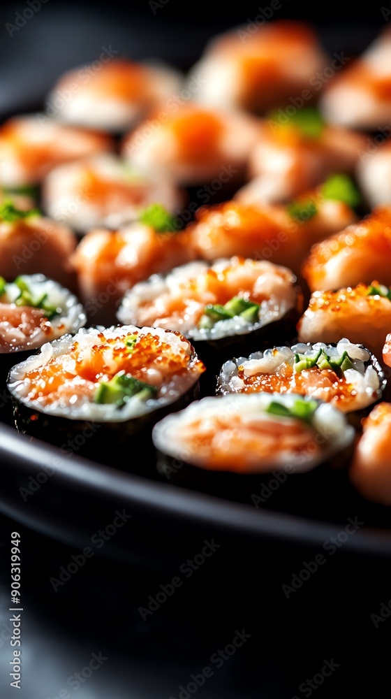 An elegant sushi platter with a variety of rolls and nigiri, highlighted by a tasteful orchid decoration and soft, diffused lighting An elegant sushi platter with a variety of rolls and nigiri, highlighted by a tasteful orchid decoration and soft, diffused lighting