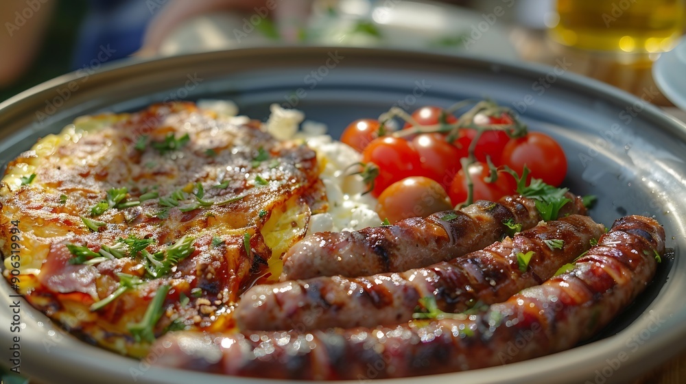 Food with the Akropolis view kayana spetzofai Greek food staple dishes with sausages olives tomatoes feta cheese and omelette facing the Akropolis in Athens : Generative AI Food with the Akropolis view kayana spetzofai Greek food staple dishes with sausages olives tomatoes feta cheese and omelette facing the Akropolis in Athens : Generative AI