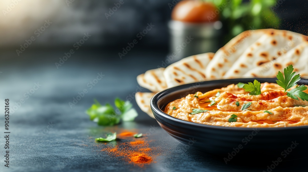 Baba ganoush, smoked eggplant dip, served with flatbread, Mediterranean coastline cafe Baba ganoush, smoked eggplant dip, served with flatbread, Mediterranean coastline cafe