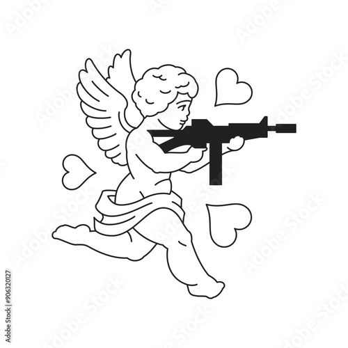 Cupid boy angel shooting from machine gun Y2k comic black line icon vector flat illustration