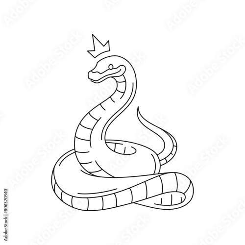 Y2k queen snake in crown poison viper weird reptile outline black icon vector illustration