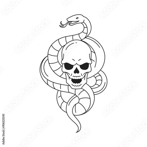 Y2k snake with skull neo gothic emo death psychedelic outline black icon vector illustration