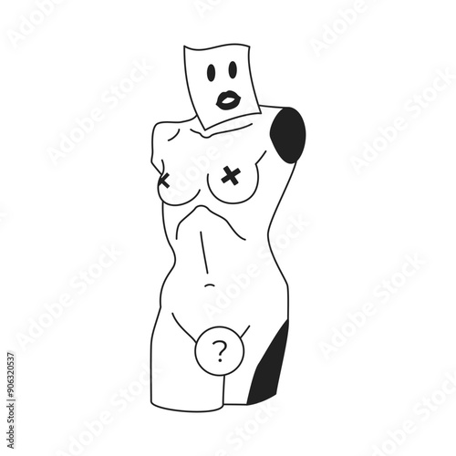Y2k antique woman body statue with smiley face censored contemporary pop art line icon vector flat