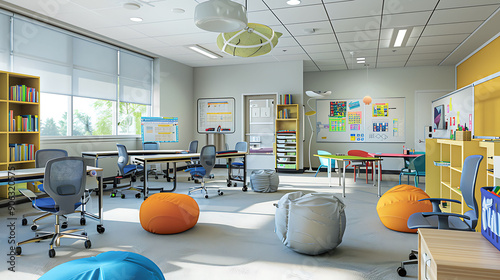 Futuristic special education classroom equipped with advanced assistive technology to support students with developmental disabilities photo