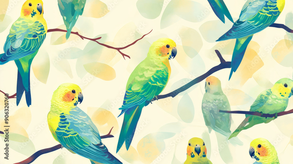 Obraz premium A pattern of colorful parakeets with feathers in shades of green, blue, and yellow, perched on branches, creating a cheerful and lively background.