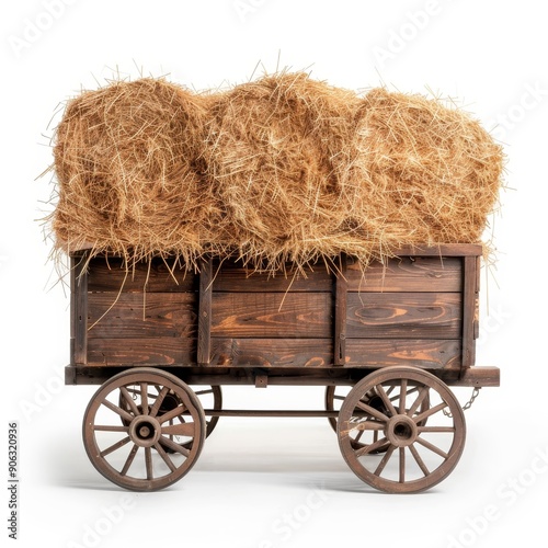 Rustic wooden wagon filled with hay, isolated on a white background, perfect for vintage-themed advertisements with ample copy text space