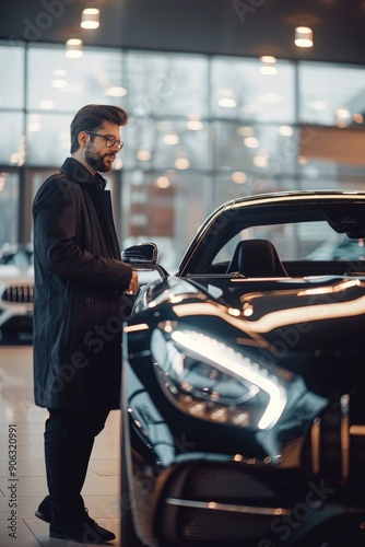 Man Standing Next to Black Sports Car