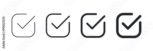 Simple checkmark in a box set with different line width. Correct, approved symbol. Vector icons in flat style