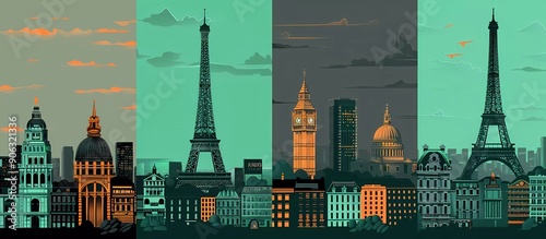 a collection of four vintage retro pop art city posters featuring London, Paris and Brera photo