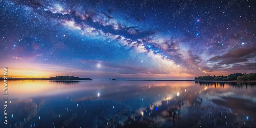 Fototapeta premium Stunning starry night sky reflecting on calm water surface, Milky Way, night sky, stars, natural background
