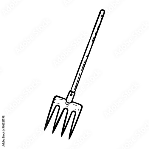 Garden fork hand drawn in doodle style. Hobby gardening. Farmer working tool for harvesting grass and hay. Vector line art illustration.