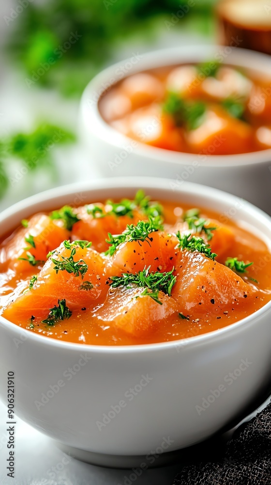 Finnish salmon soup in a white ceramic bowl, creamy and rich, served with dark rye bread, view from a lakeside cabin window Finnish salmon soup in a white ceramic bowl, creamy and rich, served with dark rye bread, view from a lakeside cabin window