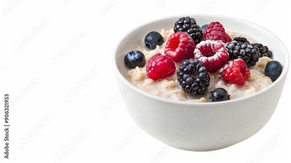Warm bowl of oatmeal with mixed berries, vivid and detailed, isolated on a clean background, offering room for copy text or graphic elements Warm bowl of oatmeal with mixed berries, vivid and detailed, isolated on a clean background, offering room for copy text or graphic elements