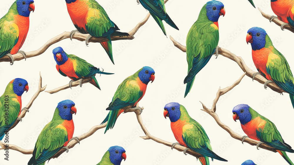 Obraz premium A pattern of colorful lorikeets with bright feathers in shades of green, blue, and red, perched on branches, creating a tropical and lively background.