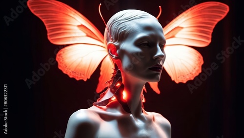 radiant red light intense glow masterpiece captures an enigmatic humanoid figure, its white, melting sculpted head butterfly-like wings photo