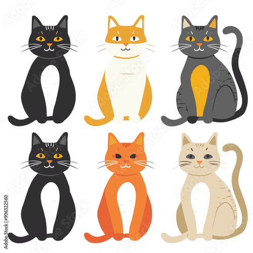 Six cute cartoon cats sitting, various colors patterns. Feline friends illustration, different coat designs, playful pet theme. Simple stylized cat characters, charming animal collection graphic