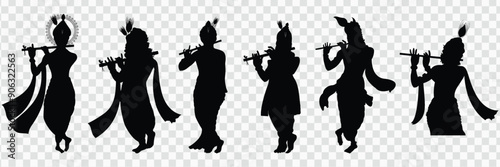 Janmashtami, Festival. Krishna Janmashtami, Banner, Happy Janmashtami, illustration Art, Krishna Janmashtami Poster, Silhouette Collection of Krishna Playing Flute with Peacock Feather for. Design
