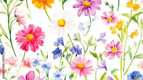 A whimsical seamless watercolor floral pattern with a variety of daisies and wildflowers in vibrant, cheerful colors, evoking a sense of playfulness and joy.
