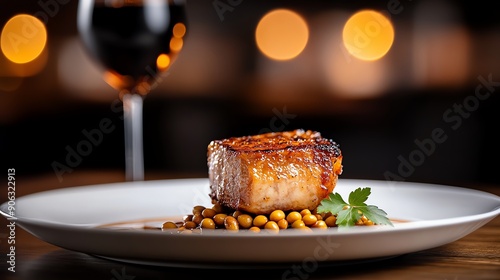Luxembourgish Judd mat Gaardebounen, smoked collar of pork with broad beans, elegant dining table setting, sophisticated European decor photo