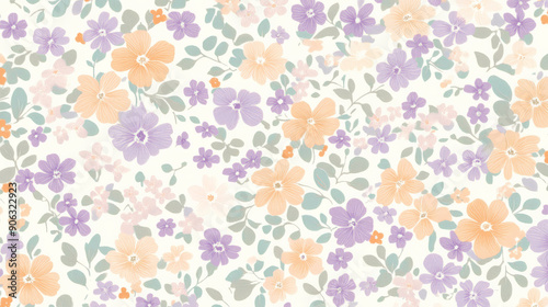 An intricate floral liberty pattern featuring small flowers in shades of lavender, mint, and peach, creating a soft and elegant design.