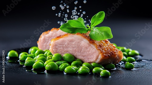 Luxembourgish Judd mat Gaardebounen, smoked collar of pork with broad beans, elegant dining table setting, sophisticated European decor photo
