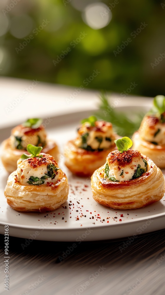 Monaco barbagiuan, stuffed pastry with ricotta and swiss chard, assortment on a fine porcelain plate, luxury yacht deck, opulent setting