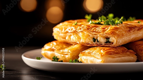 Moldovan placinte, stuffed with cheese and greens, stacked on a white ceramic plate, small kitchen table, window light highlighting the flaky texture photo