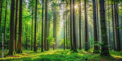 Dense forest view capturing trees in various life stages from saplings to towering mature trees wide format, forest, trees