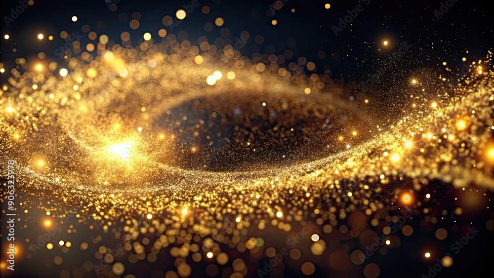 Obraz premium Golden fluid particles forming an abstract galaxy, golden, fluid, particles, abstract, galaxy, glowing, black, CG