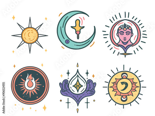 Collection mystical astrological symbols, esoteric bohemian design, bright colors. Set includes sun, moon, planets, magical icons, spiritual motifs. Colorful celestial bodies magic themed icons