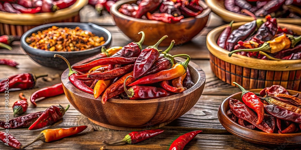 Fototapeta premium Close up of assorted Mexican dried chili peppers in bowls on wooden background, Mexican, dried, chile, chili peppers