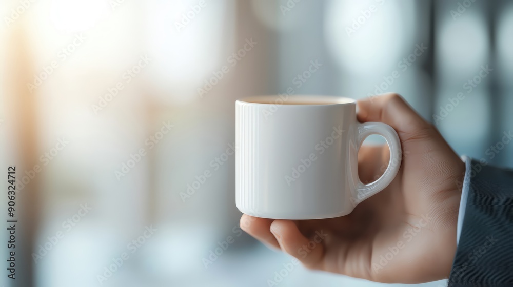 A hand holding a white coffee cup in a bright, modern setting, perfect for conveying relaxation or a coffee break. A hand holding a white coffee cup in a bright, modern setting, perfect for conveying relaxation or a coffee break.