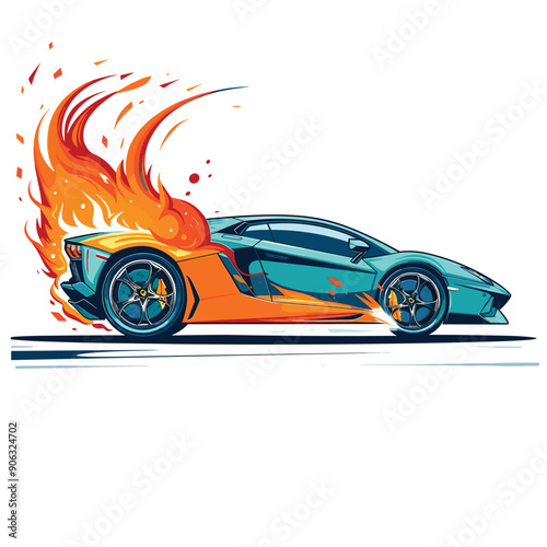 Turquoise sports car blazing fast speed flames trailing rear engine. Dynamic fire motion effect luxury vehicle intense race. Highperformance automobile fiery turbo boost concept illustration