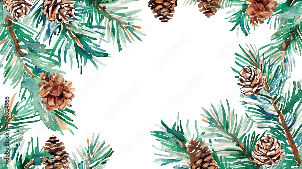 Fototapeta premium Watercolor Vector Winter Background with Fir Branches and Cones