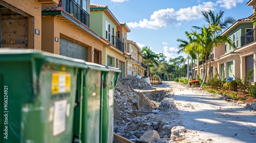 Concrete shells of bilevel townhouses under construction with a green dumpster in front in a suburban residential development on a sunny morning in southwest Florida : Generative AI photo