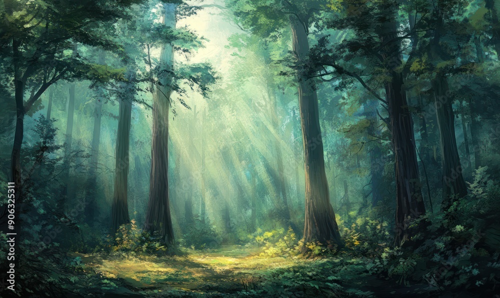 Fototapeta premium Sunbeams Illuminating a Path Through a Dense Forest