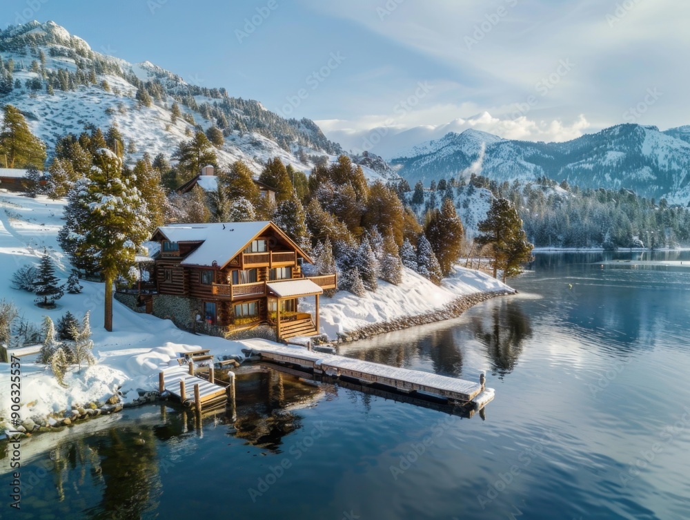Obraz premium Snowy Lake Cabin