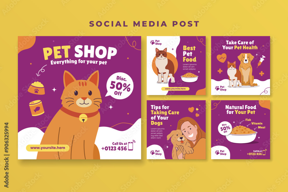 Fototapeta premium Pet shop social media post template with cat and dog vector illustration